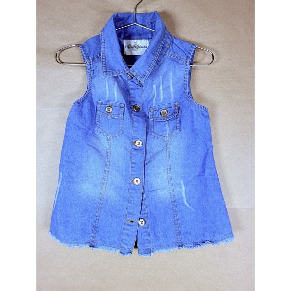 Rare Editions Girls Size 4 Blue Sleeveless Button Front Shirt Raw Hem